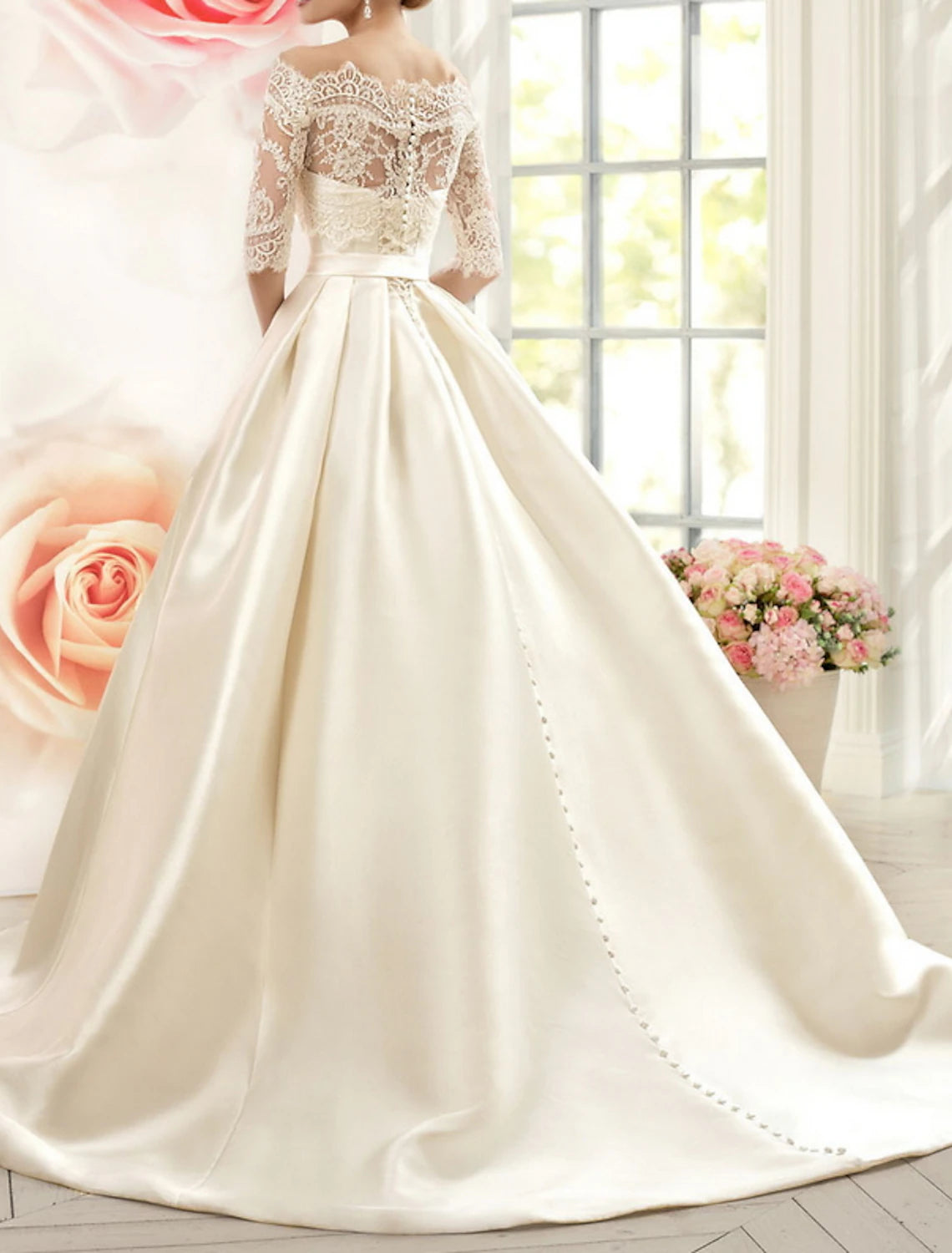 Wholesa Engagement Formal Wedding Dresses Ball Gown Off Shoulder Half Sleeve Court Train Satin Bridal Gowns With Bow(s) Pleats